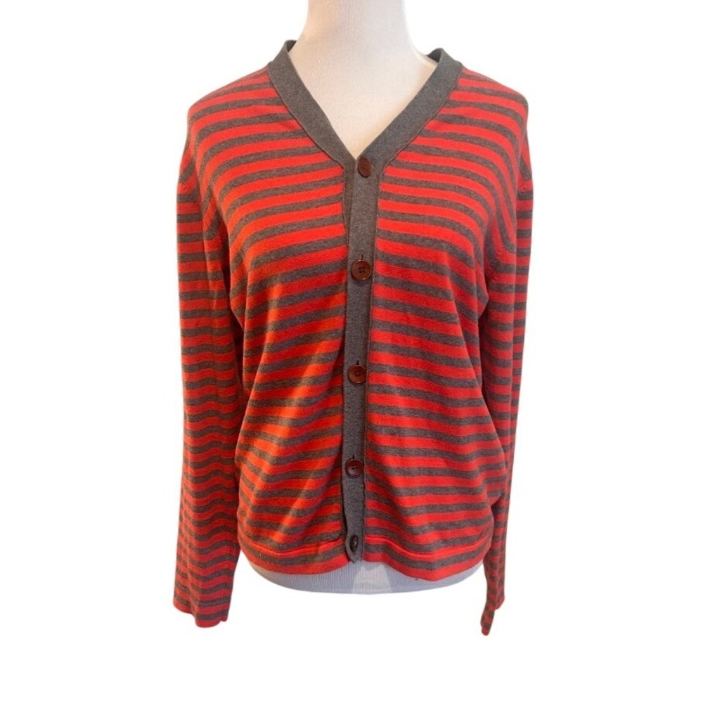 Paul Smith Jeans Womens Orange Grey Stripe V-Neck Button Cardigan Sweater Medium